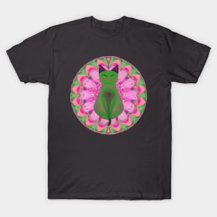 Mandala with cat in pink and green. T-Shirt